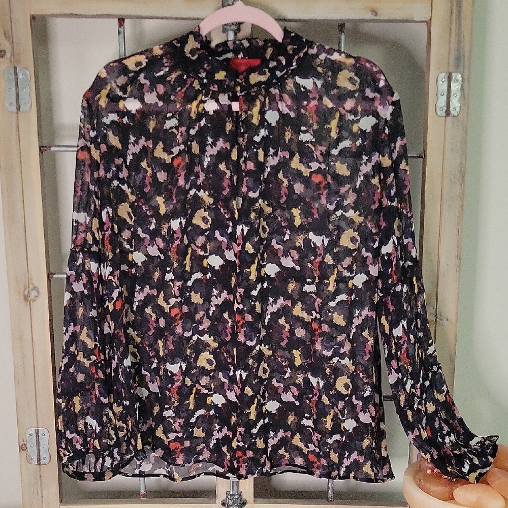 HUGO Boss Floral Sheer Blouse in Black and Pink